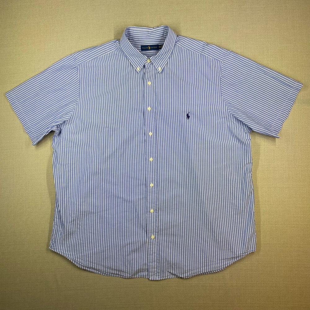 Ralph Lauren Mens S/S Seersucker Button Down Shirt Striped Blue Size 2XB